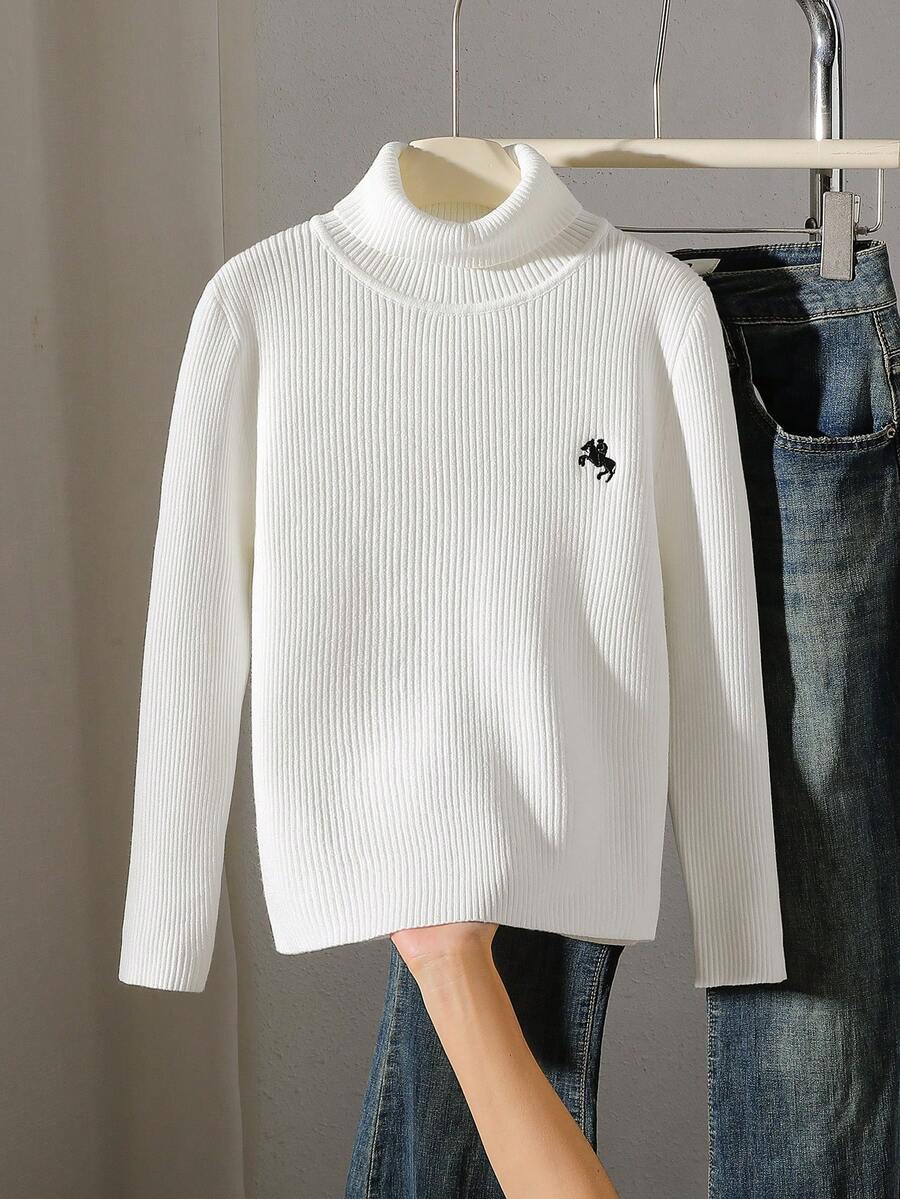 SHEIN Áo len nữ tuổi teen mẫu mới 2025 cho mùa thu đông - Áo len trắng trơn dáng ôm cổ tròn, lớp lót bên trong với họa tiết thêu hình ngựa nhỏ, mềm mại và thoải mái, áo len dài tay thời trang và tối giản dành cho bé gái tuổi teen, hoàn hảo cho mặc hàng ngày và những buổi đi chơi thường ngày. Áo len trẻ em màu trắng cổ cao. - trắng - Xem 1