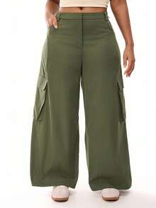 SHEIN Unity 大码女式纯色宽腿宽松休闲工装裤 - 綠色 - 查看 2