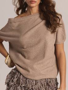 MUSERA Asymmetric Shoulder Short Sleeve Knit Jumper Winter Knitwear Casual Going Out Everyday Night Out Cute Cosy - Brown - View 6