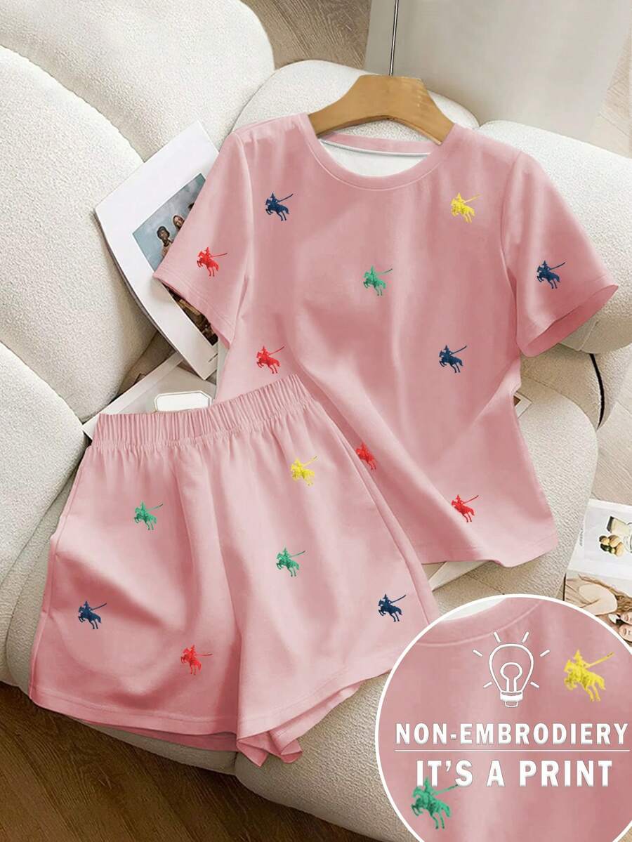 SHEIN 女士圆领短袖休闲上衣和松紧腰短裤两件套 - 粉色 - 查看 1