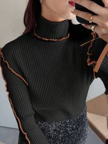 FRIFUL Women's Turtleneck Ribbed Contrast Stitching Fitted Cuff Bowknot Casual Thick Sweater - Black - View 4