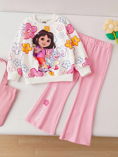DORA | SHEIN 2 pièces/Set Jeune fille Sweat-shirt à manches longues col rond avec imprimé graphique de figure de dessin animé mignon et Pantalon décontracté évasé avec imprimé de lettre pour l'extérieur