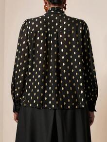 EMERY ROSE Plus Size Women's Vintage Elegant Commute & Party Series Black Gold Foil Chiffon Stand Collar Bowknot Decor Puff Sleeve Double-Breasted Shirt, Loose Fit Long Sleeve Blouse - Black - View 2