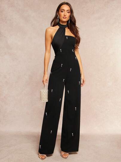 Silquee Enfärgad, vida, elegant halterneckjumpsuit med pärldekor och konstverk för kvinnor