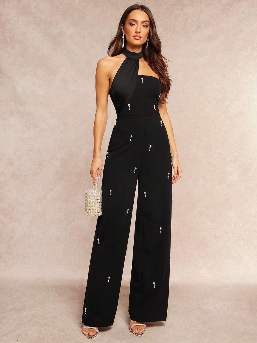Silquee Women's Black Solid Color Irregular Neckline Faux Pearl Embellished Wide-Leg Elegant Suspender Jumpsuit, Suitable For Valentine's Day, Christmas, Dates/Outings/Nightclub Parties/Gatherings, Etc., Elegant And High-End Party Dress, Sparkly Jumpsuit. - Black - View 1
