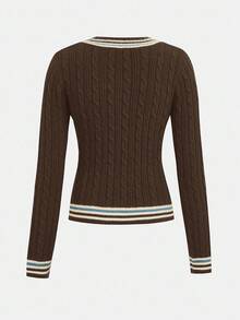 SHEIN Navy Blue V-Neck Basic Casual Pullover Sweater, Contrast Color, School/Daily Wear For Teen Girls - Brown - View 2