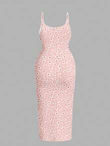 SHEIN EZwear 休闲简约雏菊全身印花修身长裙，适合夏季 - 彩色 - 查看 2