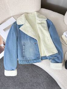 SHEIN 少女Y2K蓝色牛仔保暖长袖外套，抓绒保暖牛仔外套，加厚抓绒牛仔外套，西装领外套，派外套，秋季外套，冬季秋装 - 中等水洗藍 - 查看 7