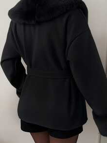 MainGRL 女士时尚优雅黑色毛绒混纺夹克，适合秋冬外出、返校和街头穿着 - 黑色 - 查看 7