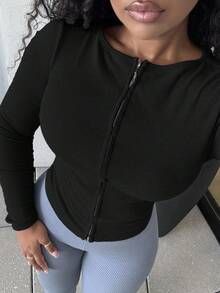 Alexandranx 拉链圆领长袖上衣休闲度假机场假日可爱返校秋季冬季 - 黑色 - 查看 3