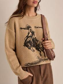 SHEIN EZwear 大码女式休闲骑士图案圆领长袖毛衣，秋冬款 - 杏色 - 查看 3