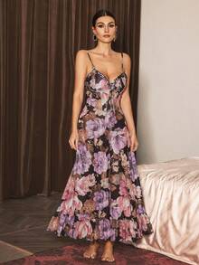 Slumberist Váy ngủ hai dây lưới xếp nếp họa tiết hoa gợi cảm dành cho nữ trưởng thành - màu đen - Xem 3