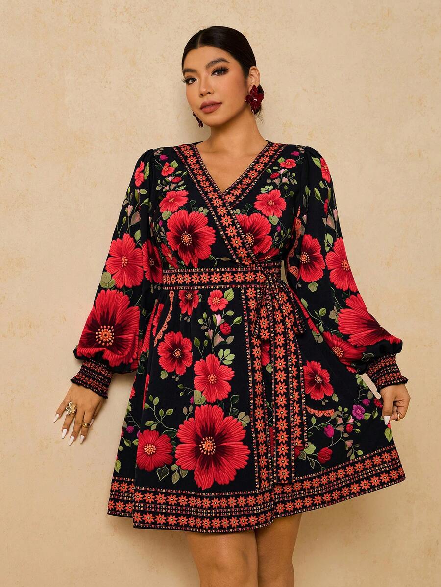 Travachic Váy dài tay buộc vạt họa tiết hoa phong cách Bohemian cỡ lớn cho nữ, mùa thu/đông - màu đen - Xem 1