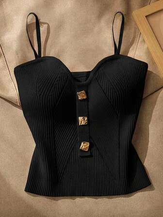 Cévolie Women's Metal Decor Ribbed Camisole Top