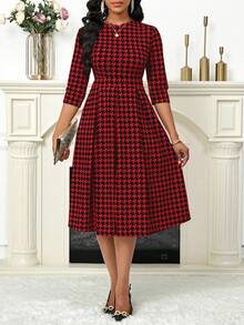 SHEIN Lady Váy dài tay bằng vải satin xanh, váy dài mùa thu họa tiết hoa, váy midi thanh lịch dành cho nữ - Đỏ - Xem 6