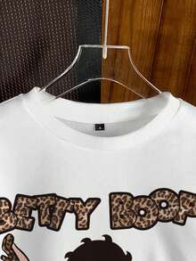 Betty Boop x SHEIN Women's Casual Letter & Figure Graphic Crew Neck Sweatshirt, Autumn Cute Sweatshirt Leopard Print Top Graphic Sweatshirts Cartoon Sweatshirt - White - View 3