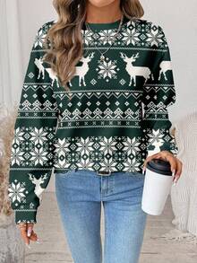 SHEIN LUNE Pull ample à col rond imprimé renne de Noël minimaliste et décontracté pour femme - Multicolore - Voir 6