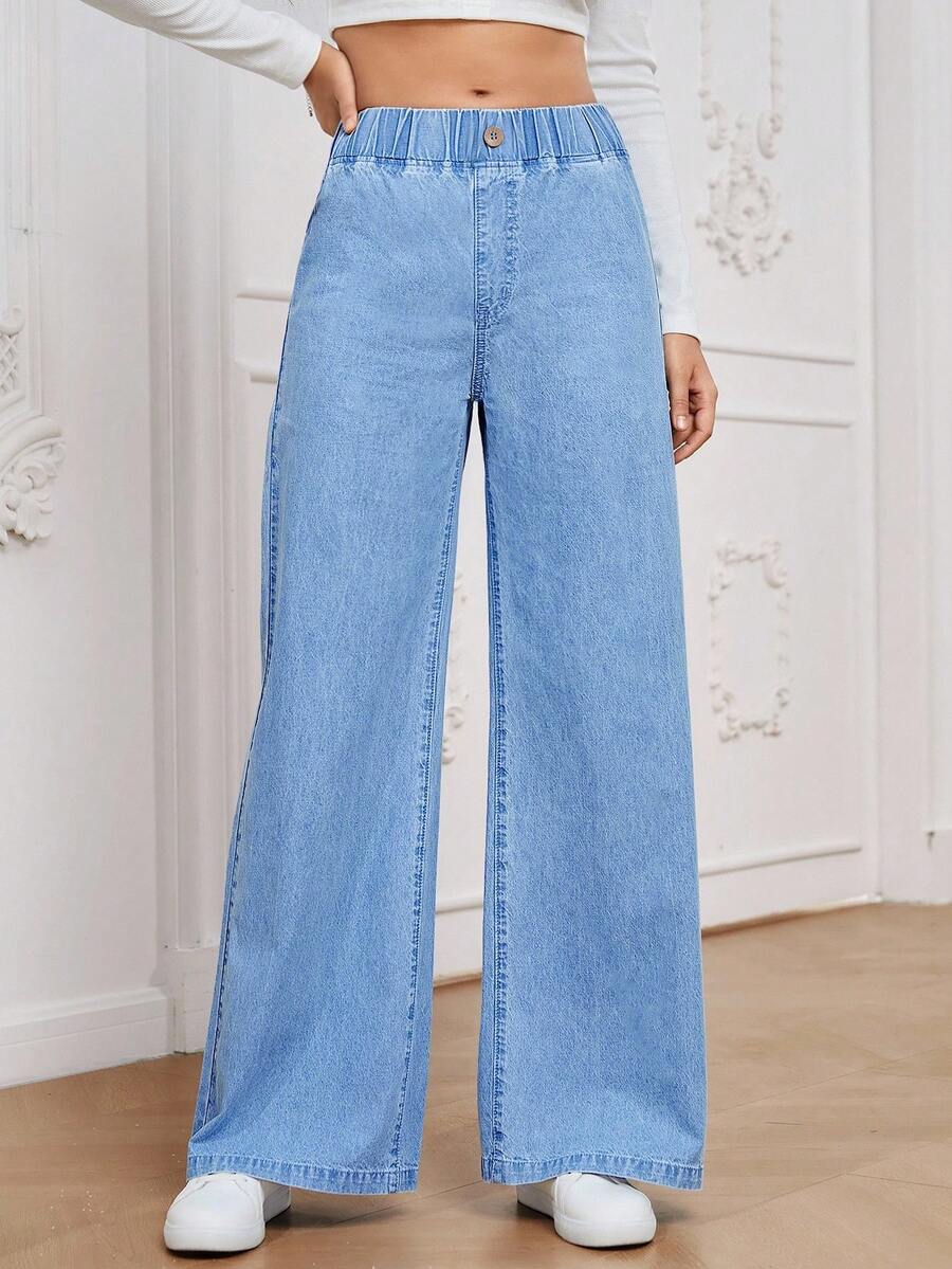 EMERY ROSE 大码休闲通勤水洗阔腿牛仔裤 - 藍色 - 查看 1