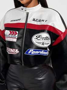 Radiana Chaqueta corta de piel sintética con bloque de color y patrón de letras para mujer, chaqueta de motocicleta/carreras/piloto, prenda exterior versátil para otoño/invierno - Negro - Ver 7