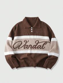 ROMWE MEN Prep Pull ample à manches longues avec motif de lettres et couleurs contrastées, automne/hiver