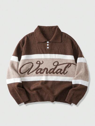 ROMWE MEN Prep 男士字母图案撞色宽松针织长袖毛衣，秋冬款