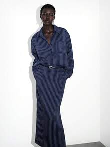 Lumivelle 2pcs Women's Elegant Navy Blue Striped Shirt And Skirt Set, High-Quality For Daily Commute Navy Blue Outfit Women Shirt Suits Shirt Dresses Long Shirts - Navy Blue - View 3