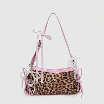 Kawaii Bolso de hombro/axila estilo ballet retro de mujer con decoración de mariposa, cadena, estampado de leopardo y perlas falsas, bolso de mujer con estampado de animal, bolso de mujer con estampado de guepardo de moda para otoño e invierno, nuevo bolso con estampado de tigre para mujer para otoño e invierno