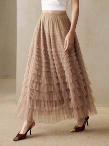 SHEIN LUNE Falda de fiesta elegante de mujer con cintura alta, malla multicapa tipo pastel, color óxido polvoriento otoñal, silueta A con pliegues intensos, elegante para uso diario y desplazamientos - Caqui - Ver 5