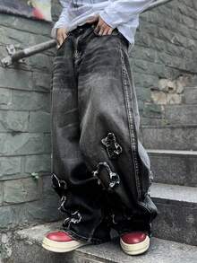 PAVTROS Men's Loose Fit Distressed Pocket Flare Leg Jeans Streetwear - Grey - View 5