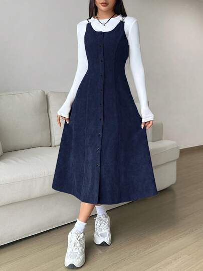 SHEIN EZwear 女式海军蓝纽扣式无袖腰连衣裙（不含T恤）