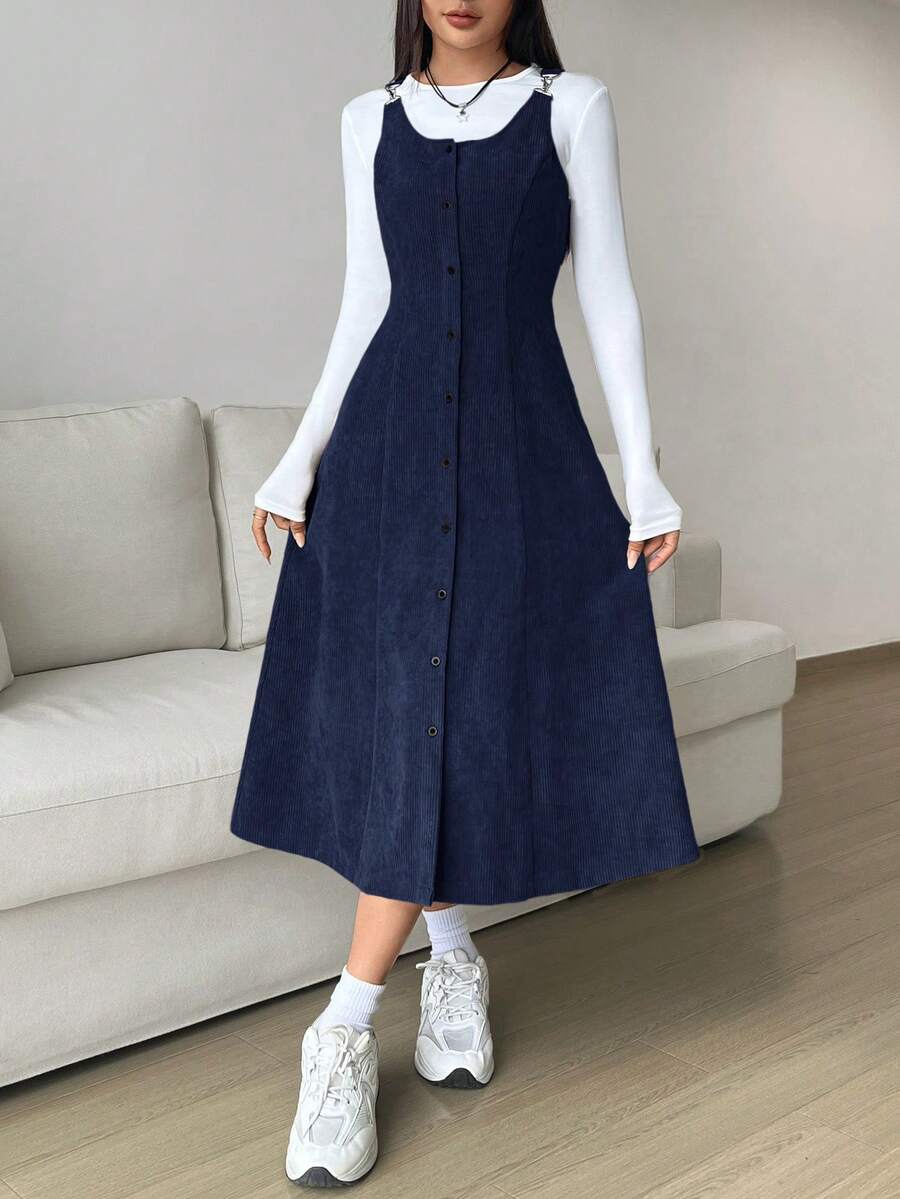 SHEIN EZwear 女式海军蓝纽扣式无袖腰连衣裙（不含T恤） - 藏蓝色 - 查看 1