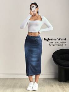 Flexra Women's Elastic Waist Pocket Slit Drawstring Denim Casual Skirt - Blue - View 5