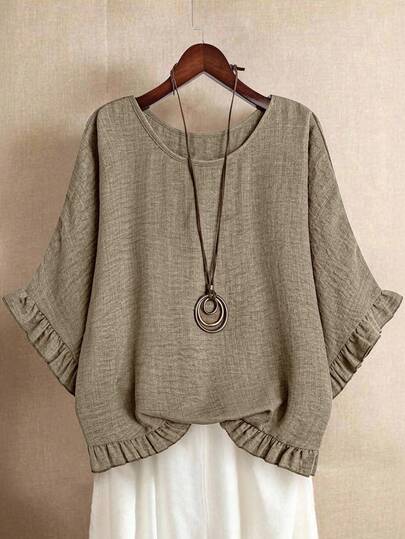 Linhara Plus Size Solid Color Minimalist Casual Round Neck Plus Size Cuff Shirt