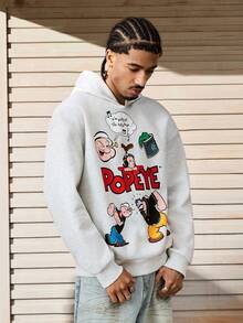Popeye X SHEIN هودي كاجوال للرجال بطبعات حرفية وكرتونية، خريفي، ملابس علوية بأكمام طويلة - رمادي فاتح - مشاهدة 3