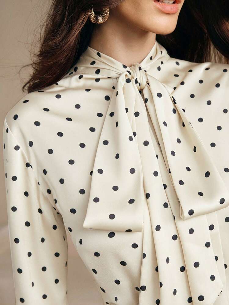 Vacation-Inspired Elegant Commuter Brown & Pink Polka Dot Print Collar Bow Decor Long Sleeve Ruffle Sleeve Women Casual Shirt + High Waist Straight Women Skirt 2-Piece Set, Suitable For Spring, Summer, Going Out, Elegant, Formal, Party, Chic, New Year, Christmas, Graduation