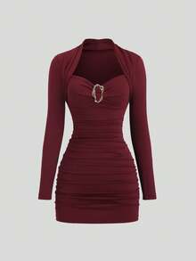 Sweetra Nuovo abito da cocktail elegante, colore bordeaux con decorazioni in metallo, silhouette aderente, adatto per Natale e occasioni formali - Bordò - Visualizzare 5