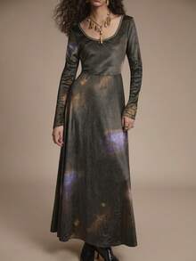 Florisole Women's Scoop Neck Drop Shoulder Long Sleeve Cinched Waist Long Dress Romantic  Party Season - Brown - View 3