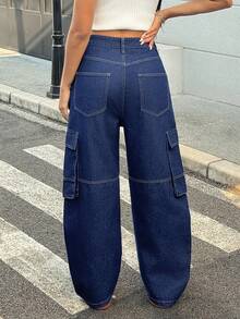 SHEIN EZwear Y2K 女式休闲街头风格日常百搭工装牛仔裤 - 深色水洗藍 - 查看 2