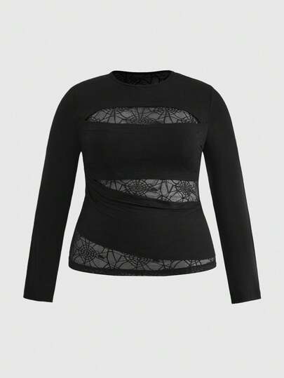 Goth Plus Size Gothic Sexy Spider Web Patchwork Hollow Out Back Long Sleeve T-Shirt, Autumn/Winter