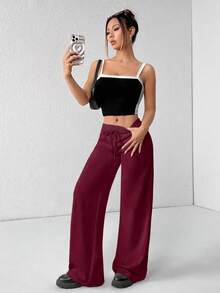 SHEIN PETITE Comfortable And Casual Plain Knitted Low-Rise Wide-Leg Women's Sweatpants Comfy Pants Lounge Pants - Burgundy - View 5