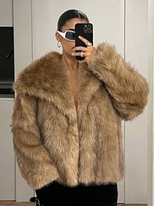 SHEIN ICON Short Solid Color Fashionable Winter Versatile Oversized Lapel Open Front Faux Fur Coat,Fall, Winter - Khaki - View 7