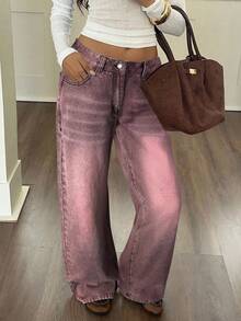 Siren Gaze Women's Casual Mid-Waist Versatile Loose Straight Leg Jeans With Pockets Burgundy Christmas Red - Burgundy - View 1