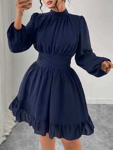 Elenzga 加大码女式优雅派对海军蓝立领荷叶边装饰长袖修身中长连衣裙
