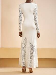 Zivah 2025 Toamnă/Iarnă Anul Nou, Ziua Îndrăgostiților, Petrecere, Banchet, Întâlnire, Petrecere de ziua de naștere, Stil universitar, Ținută studențească, Casual zilnic, Simplu versatil, Casual, Călătorii în croazieră, Hit viral, Elegant, Naveta, Casual business, Minimalist, Decolteu rotund cu mânecă lungă, Patchwork din dantelă cu paiete argintii, Tiv strâns în talie, Rochie maxi extra lungă de culoare caisă, Rochie de petrecere, Rochie maxi de damă