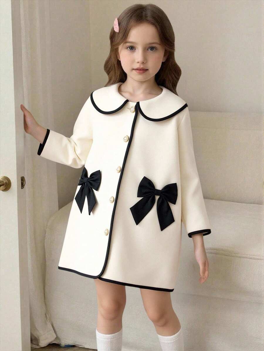 Elladie kids Young Girl' Comfortable Casual Elegant Contrast Color Lapel Button Front Bow Decor Long Sleeve Versatile Jacket, Suitable For Autumn/Winter Daily Wear - Multicolor - View 1