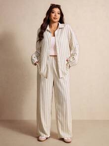 Elaquor Plus Size Casual Minimalist Basic Striped 2 Pieces Set, Loose Fit - Apricot - View 3