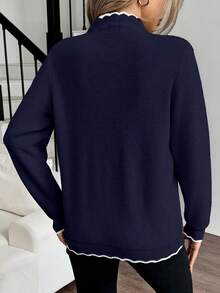 Elenzga Women's Crew Neck Ruffle Hem Solid Color Long Sleeve Sweater - Blue - View 2