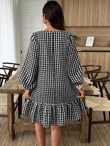 Elouméa Women's Casual Jumpsuit With 3D Floral Decor, Ruffle Hem Plaid Pattern, Autumn/Winter - Black and White - View 2