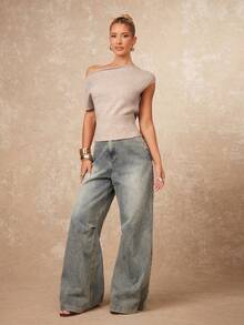 Lumalex 早春女士纯色不对称领毛衣，适合通勤、奢华舞会、聚会、宴会、低调奢华的节日派对、锐舞派对、音乐节、郊游、度假、户外活动、婚礼季、宰牲节、新年派对等场合，是早春正式新年夜派对的理想之选，优雅的派对礼服，女士毛衣。 - 卡其色 - 查看 7