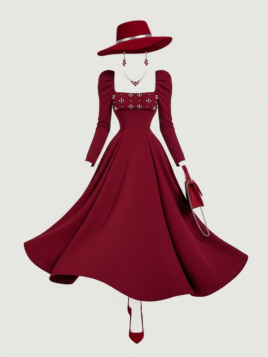 SHEIN MOD 大码女式珍珠串珠吊带连衣裙、开学酒红色连衣裙、开学服装、秋季连衣裙、教师连衣裙、中长酒红色连衣裙 - 紅色 - 查看 1